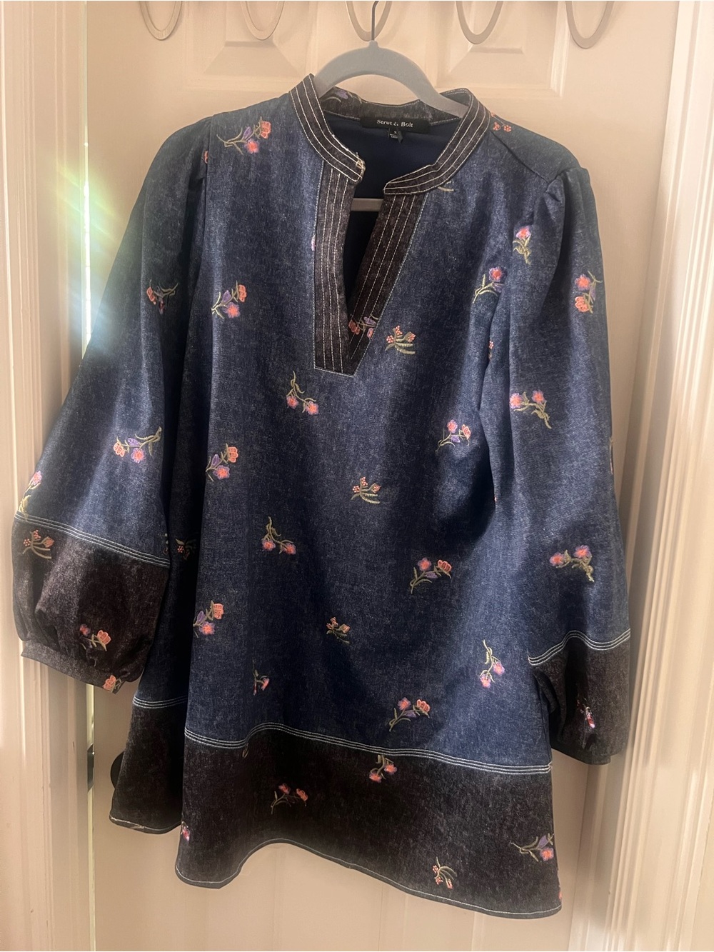Embroidered Dark Blue Denim Mini Dress with Pink Floral Detail